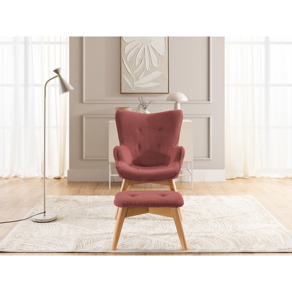 Fotoliu cu taburet roșu cu tapițerie din catifea reiată Niko – Ropez-image-1