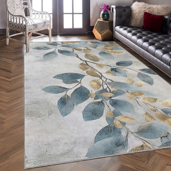 Covor tip traversă albastru deschis/auriu lavabil 80x200 cm Golden Leaves – Mila Home-image-3