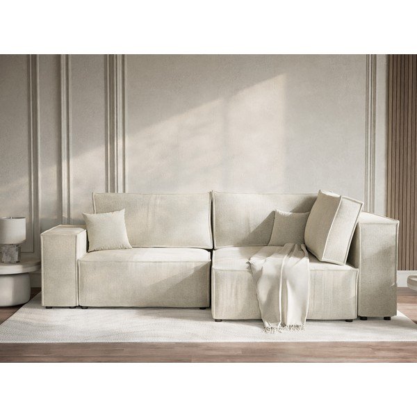 Colțar crem extensibil/cu spațiu de depozitare cu tapițerie din chenille (cu colț pe partea dreaptă/în formă de ”L”) Tonga – Maison de Rêve-image-1