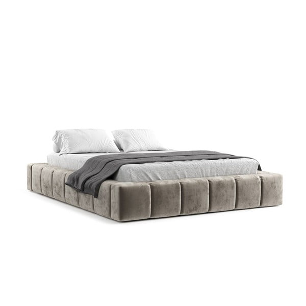 Pat matrimonial bej tapițat cu spațiu de depozitare cu somieră 200x200 cm Aruba L – Maison de Rêve-image-2