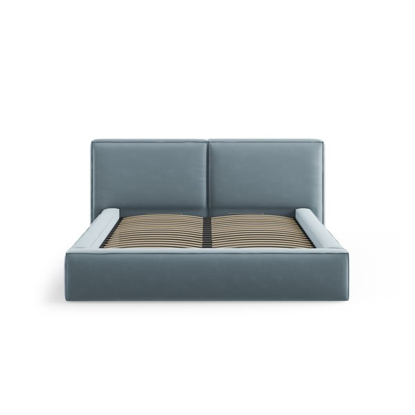 Pat matrimonial albastru deschis tapițat din catifea cu spațiu de depozitare cu somieră 180x200 cm Arendal – Cosmopolitan Design-image-3