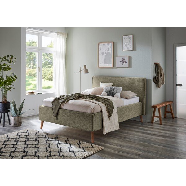 Pat matrimonial verde închis tapițat cu spațiu de depozitare cu somieră 140x200 cm Riva – Meise Möbel-image-1