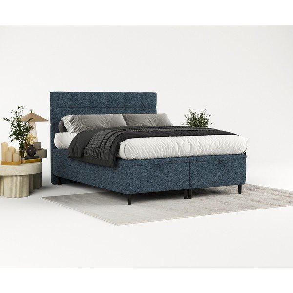 Pat matrimonial albastru închis tapițat cu spațiu de depozitare 180x200 cm Senses – Maison de Rêve-image-1