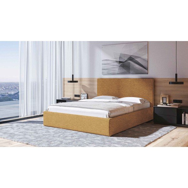 Pat matrimonial galben ocru tapițat cu spațiu de depozitare cu somieră 160x200 cm Bufo – MESONICA-image-1