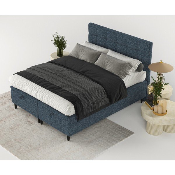 Pat matrimonial albastru închis tapițat cu spațiu de depozitare 180x200 cm Senses – Maison de Rêve-image-3