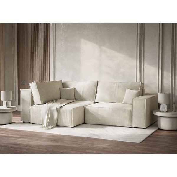 Colțar crem extensibil/cu spațiu de depozitare cu tapițerie din chenille (cu colț pe partea stângă/în formă de ”L”) Tonga – Maison de Rêve-image-4