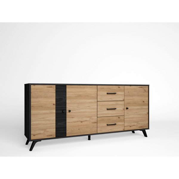 Comodă negru/natural  joasă cu aspect de lemn de stejar 181x81 cm Bocami – Marckeric-image-2