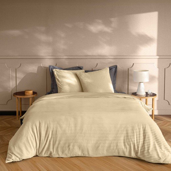 Lenjerie de pat bej din flanelă pentru pat dublu/extinsă cu 3 piese 240x220 cm Veloutea – douceur d'intérieur-image-1