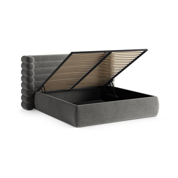 Pat matrimonial gri tapițat cu spațiu de depozitare cu somieră 160x200 cm Mount – Micadoni -image-2