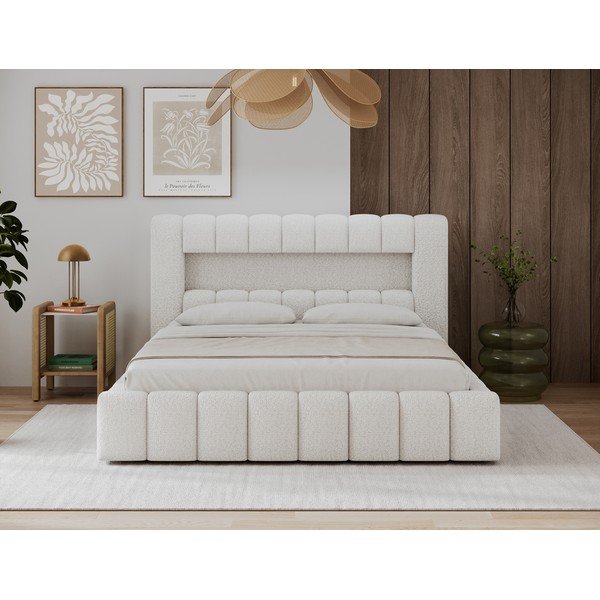 Pat matrimonial crem tapițat cu spațiu de depozitare cu somieră 160x200 cm Lamica – ELTAP-image-2