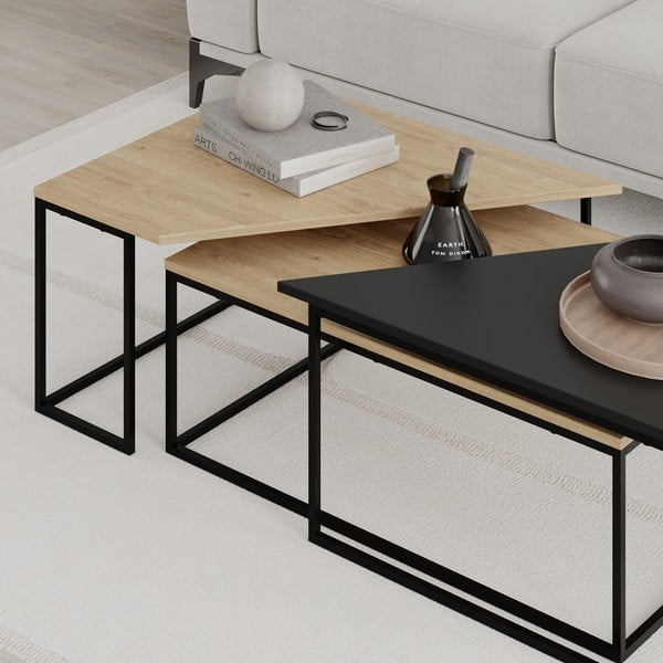 Măsuțe de cafea în culoare naturală 3 buc. cu blat cu aspect de lemn de stejar 70x110 cm Titan – Marckeric-image-4