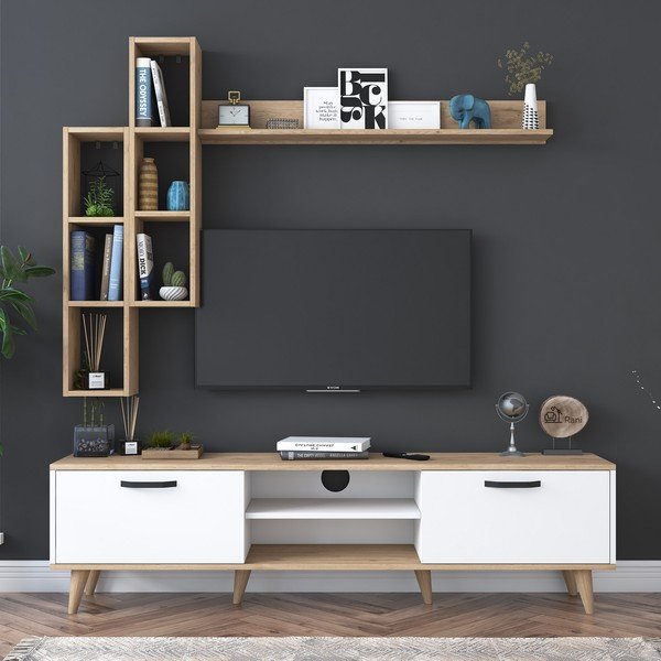 Set mobilier TV alb/aspect de lemn de nuc 180x48 cm Veronica - Kalune Design-image-4