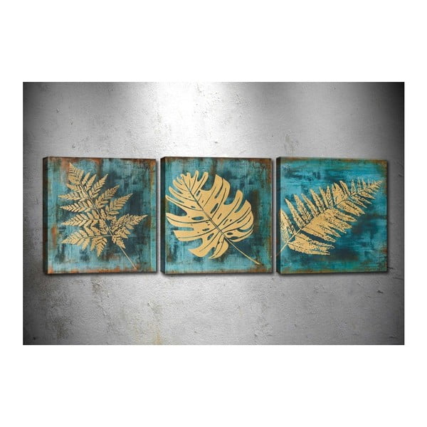Set 3 tablouri Gold Leaves, 30 x 30 cm