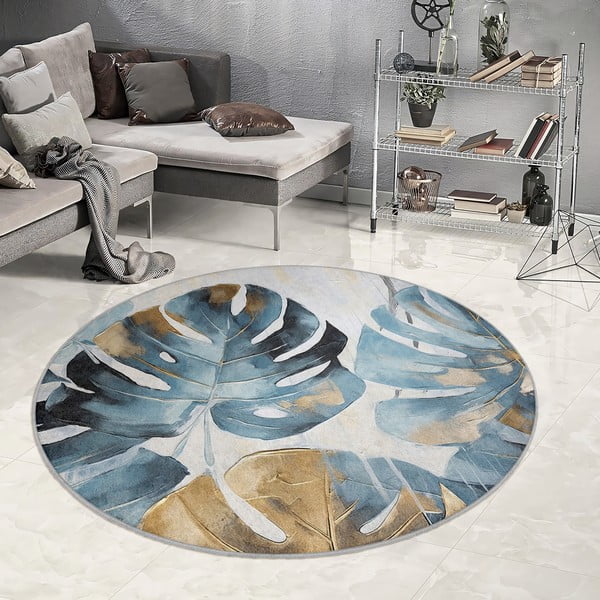 Covor albastru lavabil rotund ø 150 cm Golden Leaves – Mila Home-image-4