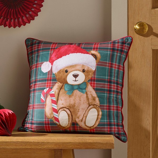 Pernă decorativă 45x45 cm  cu model de Crăciun Christmas Tartan Teddy Bear – Catherine Lansfield-image-1