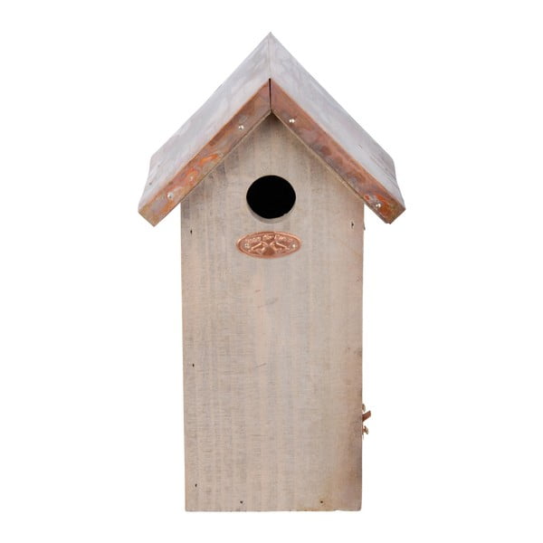 Căsuță din lemn de pin pentru păsări Esschert Design Antik, înălțime 30 cm, acoperiș arămiu