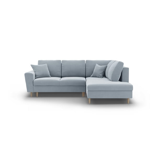 Colțar albastru deschis extensibil, cu spațiu de depozitare cu tapițerie din catifea (cu colț pe partea dreaptă-în formă de ”L”) Kyoto – Cosmopolitan Design