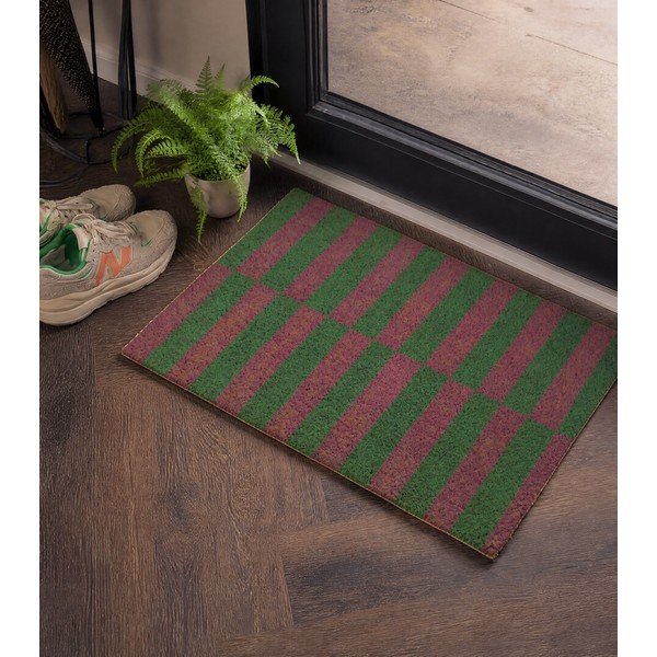 Covoraș de intrare din fibre de nucă de cocos 40x60 cm Pink & Green Half Stripes – Artsy Doormats-image-1