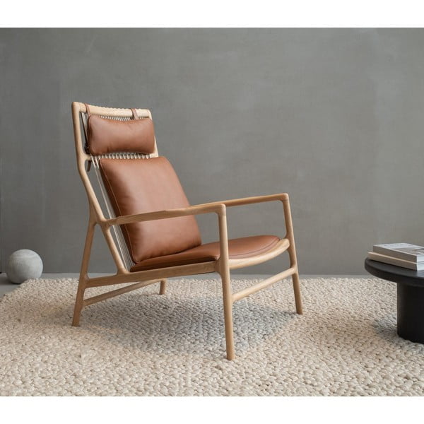 Fotoliu cu structură din lemn masiv de stejar şi șezut din piele bivol Gazzda Dedo, maro cognac-image-2