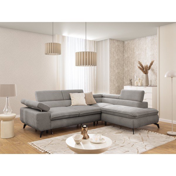 Colțar gri deschis cu tapițerie din chenille (cu colț pe partea dreaptă/în formă de ”L”) Marbeya  – Ropez-image-1