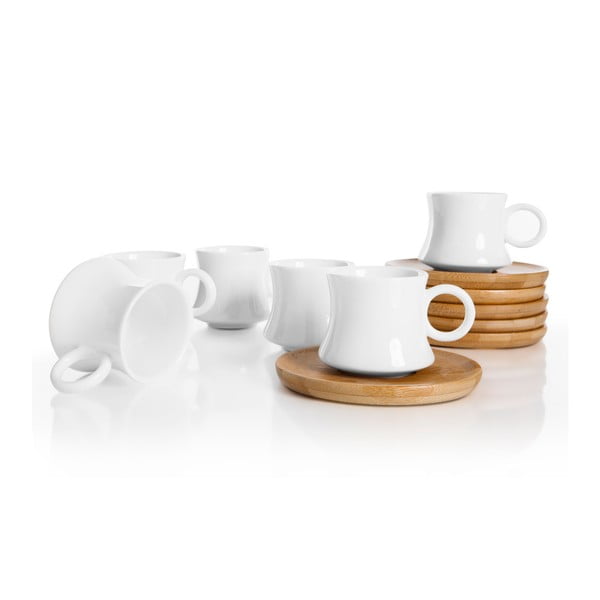 Set 6 cești din porțelan cu farfurioare din bambus Bambum Largi-image-1