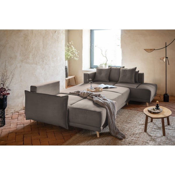 Colțar maro deschis extensibil cu tapițerie din catifea reiată  (colț dreapta/în formă de "U") Lazy Lukka – Miuform-image-4