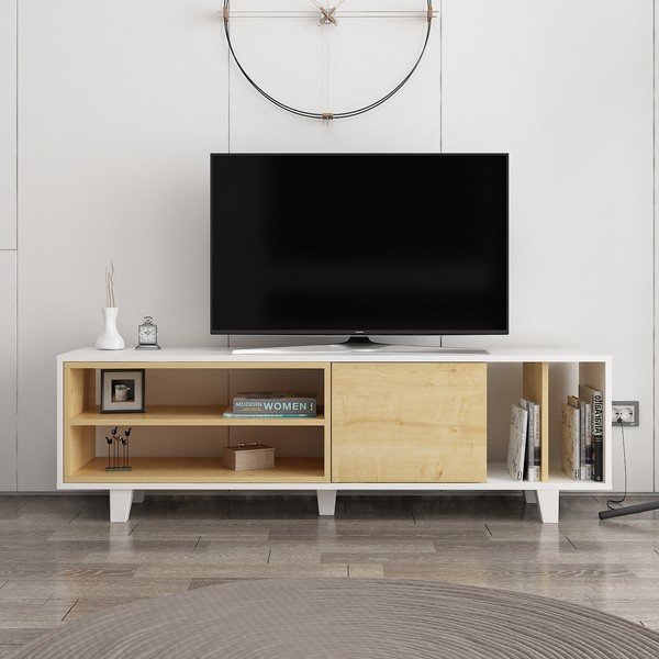 Comodă TV albă/cu aspect de lemn de stejar 160x49 cm Rosmar – Kalune Design-image-2