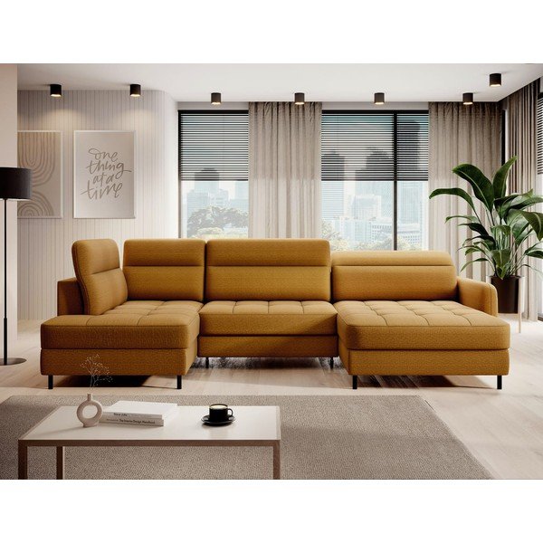 Colțar galben extensibil/cu spațiu de depozitare cu tapițerie din catifea (cu colț pe partea stângă/în formă de "U") Berrto – ELTAP-image-1