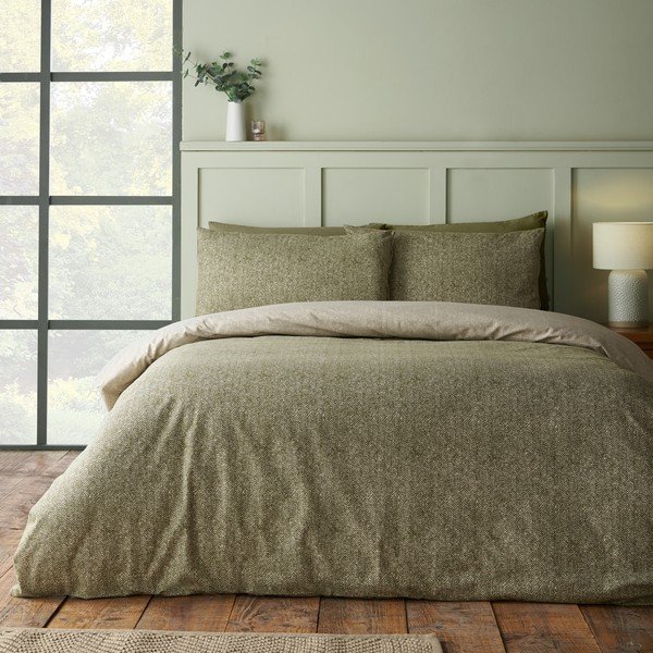 Lenjerie de pat verde din flanelă pentru pat de o persoană 135x200 cm Brushed Herringbone – Catherine Lansfield