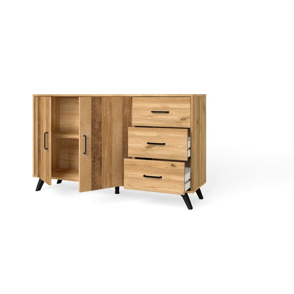 Comodă roșu/ joasă cu aspect de lemn de stejar 136x81 cm Nordic – Marckeric-image-3