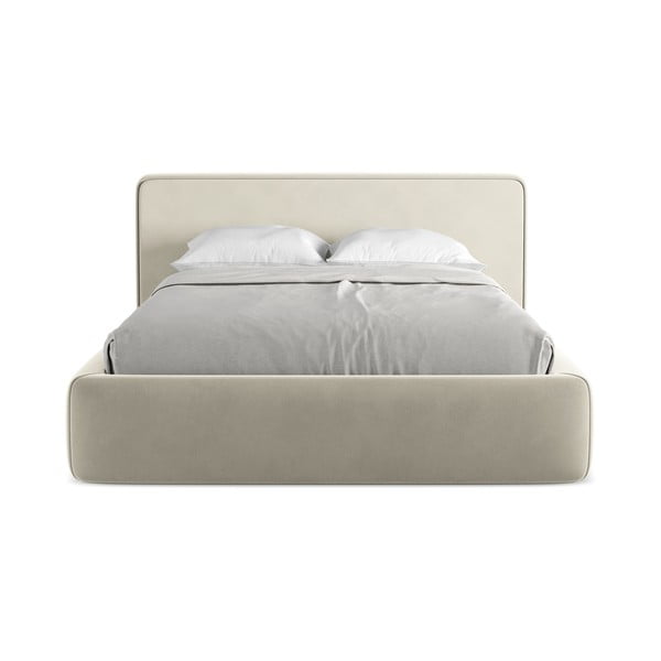 Pat matrimonial crem tapițat cu spațiu de depozitare cu somieră 180x200 cm Kiana – Makamii-image-4