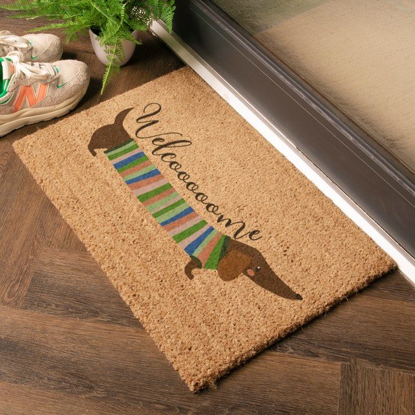 Covoraș de intrare din fibre de nucă de cocos 40x60 cm Welcome Sausage Dog – Artsy Doormats-image-1