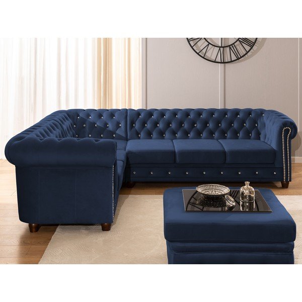 Colțar albastru extensibil cu tapițerie din catifea (cu colț pe partea stângă/în formă de ”L”) York Blik – Ropez-image-4