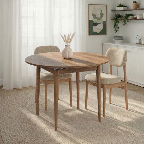 Masă de dining rotundă extensibilă cu aspect de lemn de stejar cu blat suplimentar ø 100 cm Viona – Kalune Design-image-2
