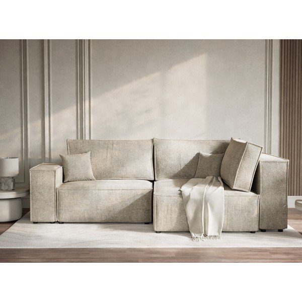 Colțar bej extensibil/cu spațiu de depozitare cu tapițerie din chenille (cu colț pe partea dreaptă/în formă de ”L”) Tonga – Maison de Rêve-image-1