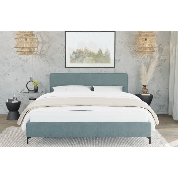 Pat matrimonial albastru deschis tapițat cu somieră 180x200 cm Barker – Ropez-image-3