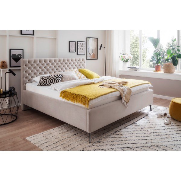 Pat matrimonial alb/crem tapițat cu spațiu de depozitare cu somieră 180x200 cm La Maison – Meise Möbel-image-1