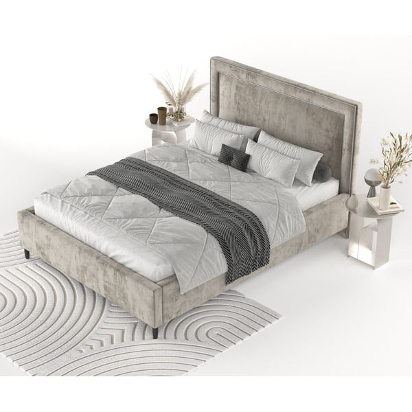 Pat matrimonial bej tapițat cu spațiu de depozitare cu somieră 140x200 cm Baleine – Maison de Rêve-image-3