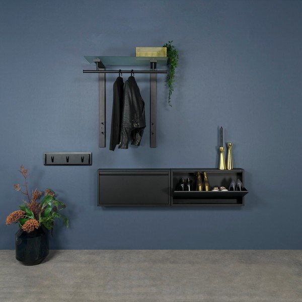 Cuier de perete negru cu raft din metal 80 cm Dutch – Spinder Design-image-1