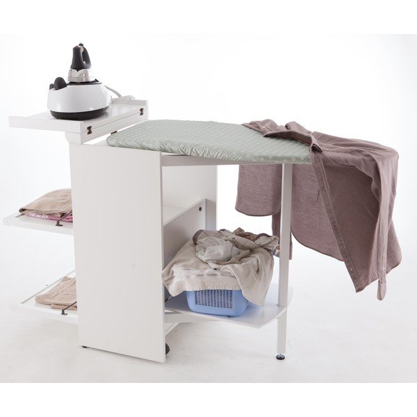 Masă de călcat pliabilă, cu sertare din lemn de fag Arredamenti Italia Stiromobile, albă-image-3