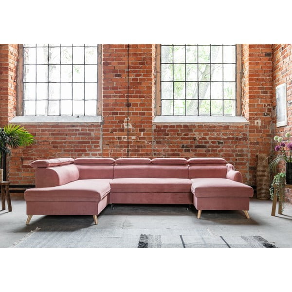 Colțar roz deschis extensibil cu tapițerie din catifea (cu colț pe partea stângă /în formă de "U") Sweet Harmony – Miuform-image-1