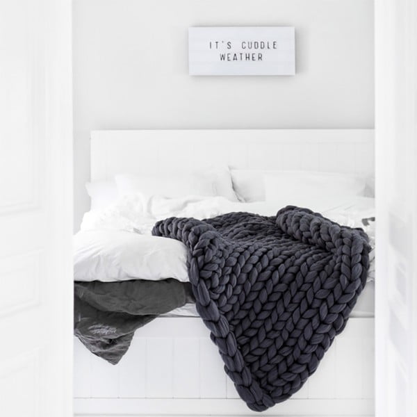 Pătură din lână merino tricotată  manual Concepttual Chunky, 125 x 130 cm, gri închis