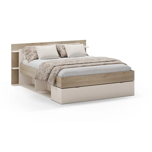 Pat matrimonial alb/în culoare naturală cu aspect de lemn de stejar cu spațiu de depozitare fără somieră 140x190 cm Albo – Marckeric