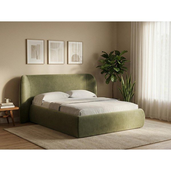 Pat matrimonial crem tapițat cu spațiu de depozitare cu somieră 140x200 cm Hauke – Makamii-image-1