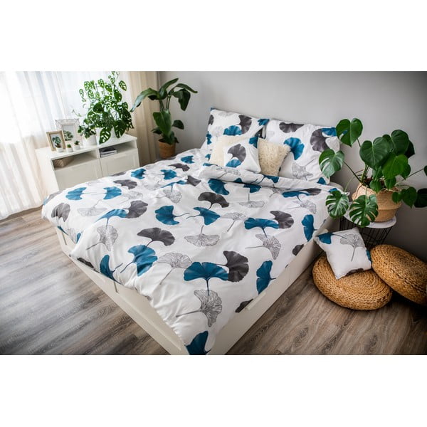 Lenjerie de pat din bumbac satinat Cotton House Ginko, 140 x 200 cm, gri - albastru