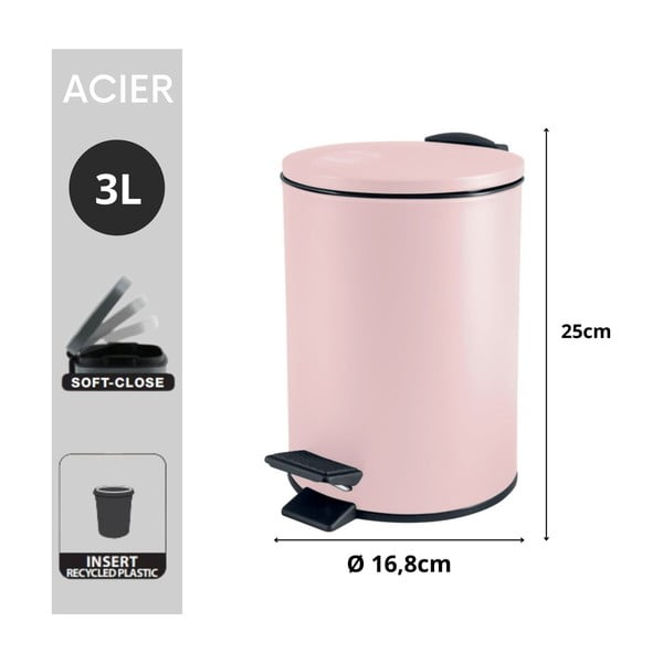 Coș de gunoi roz cu pedală din oțel 3 l   Adelar – Spirella-image-4