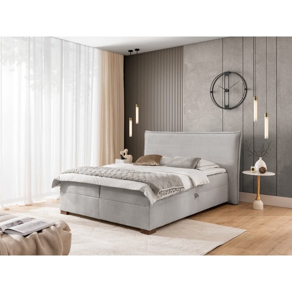 Pat boxspring gri deschis cu spațiu de depozitare 160x200 cm Lysa – Ropez-image-1