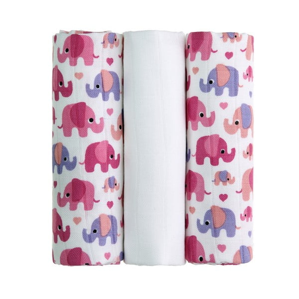 Set 3 scutece din pânză T-TOMI Pink Elephants, 70 x 70 cm