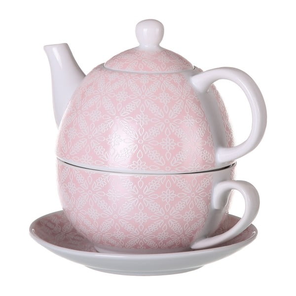 Set cană, ceainic și farfurie Unimasa Tea, 450 ml, roz