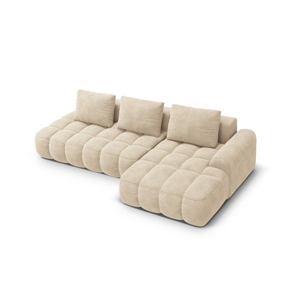 Colțar bej extensibil/cu spațiu de depozitare cu tapițerie din catifea (cu colț pe partea dreaptă/cu șezlong) Linz – Cosmopolitan Design-image-3